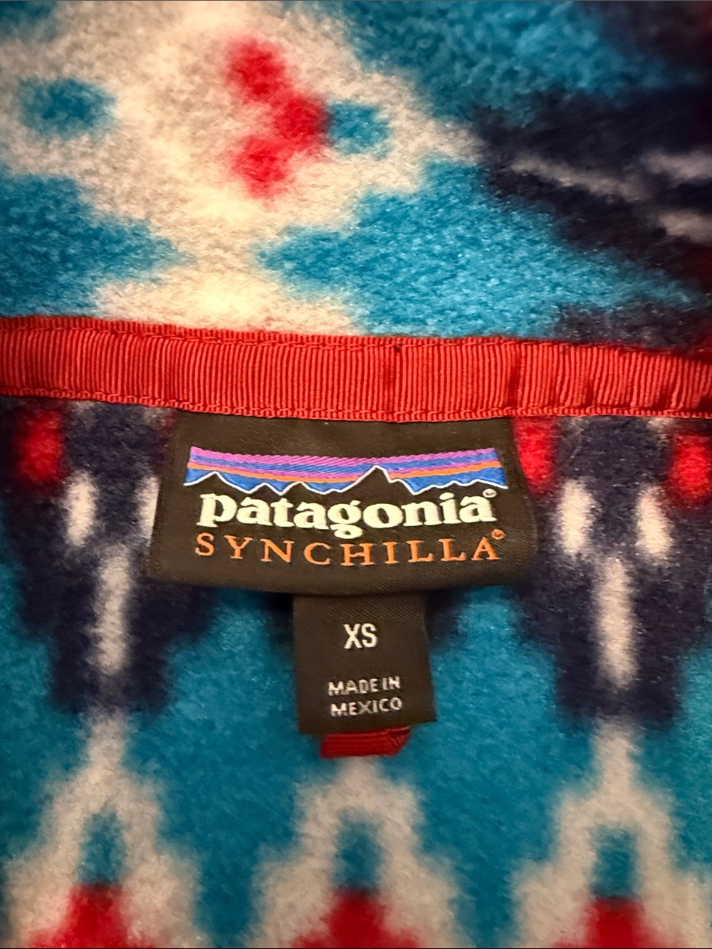 Patagonia Blue White Red Patterned Fleece Pullover gorpcore vintage xs outdoorsy - Picture 2 of 7